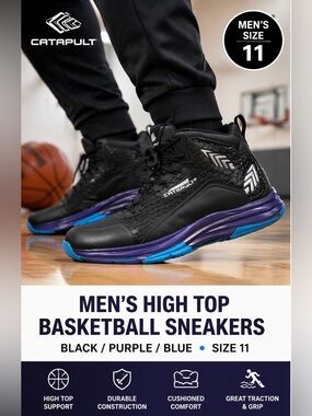 Men’s Basketball High Top Sneakers Size 11 Black Purple Blue Athletic Shoes EUC